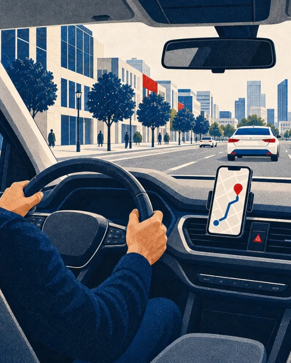 Ilustrační scéna řidiče za volantem s řidičskou aplikací a městskou trasou před vozem