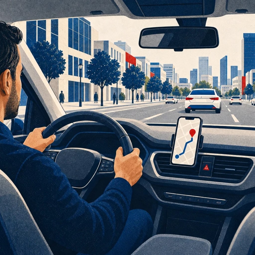 Ilustrační scéna řidiče za volantem s řidičskou aplikací a městskou trasou před vozem
