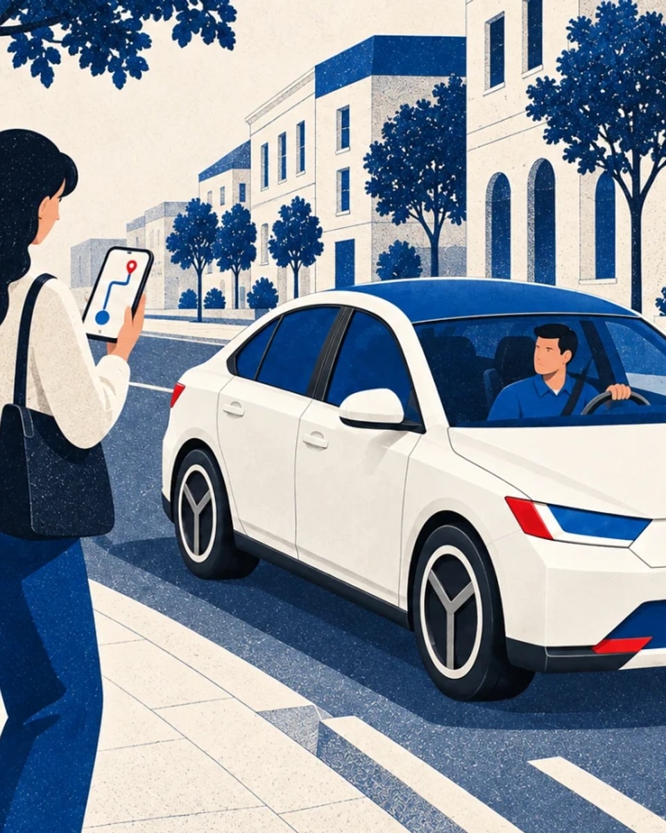 Ilustrace příjezdu vozu k bodu vyzvednutí v městské ulici