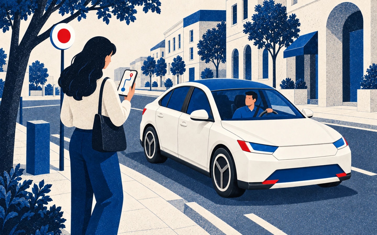 Ilustrační pohled shora na vůz přijíždějící k označenému místu vyzvednutí v městské ulici